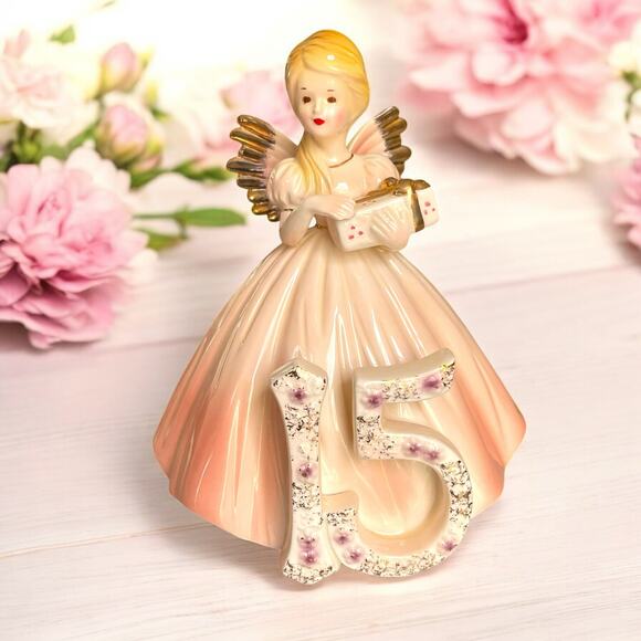 Vtg Josef Originals Birthday Angel Figurine Year 15 Japan Black Eyes Sticker Tag - Picture 1 of 12